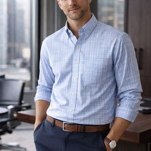 Jos A Bank Traveler Blue Plaid Shirt 17 35 Tailored Fit Cotton